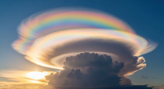 Iridescent clouds displaying a rainbow arc in the sky