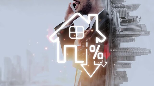 Businessman on Phone with House Icon and Financial Indicators in Background for Real Estate, Investment, and Finance Concepts Sigmoid