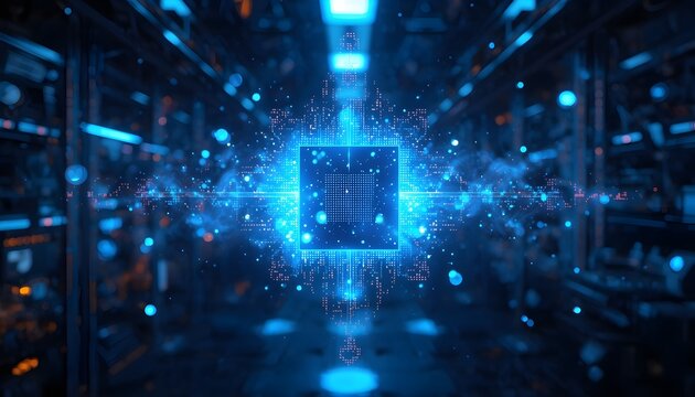 Futuristic Quantum Computer Processor Microchip Glowing with Blue Light in Server Room