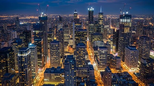 city skyline at night aerial view with illuminated skyscrapers and grid streets