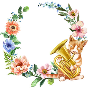 Hand-painted vintage floral wreath featuring pink flowers, green foliage, and a ginger cat playing a trumpet. Perfect for nursery art, greeting cards, invitations, wall art, stationery