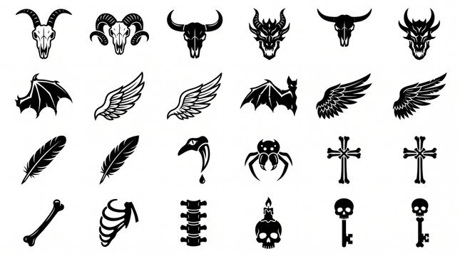 Gothic occult symbols and mystical dark icons with mystical feathers skeleton