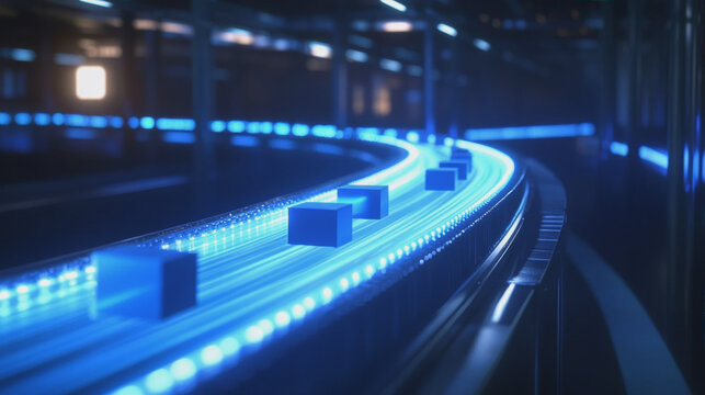 Futuristic automated conveyor belt with glowing blue cubes representing smart logistics and digital technology data transmission