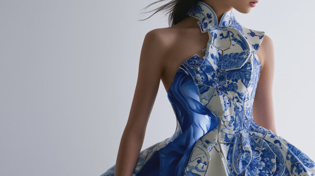 Beautiful female model wearing an avant-garde haute couture dress made of blue and white Chinese porcelain shards and silk, high fashion conceptual art