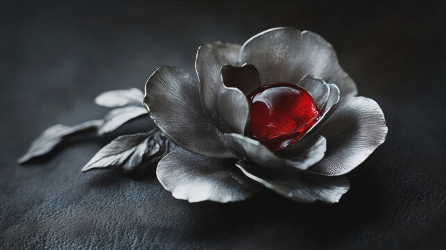 Gothic style metallic silver rose brooch with a glowing translucent red ruby stone in the center, luxury jewelry design on a dark textured background