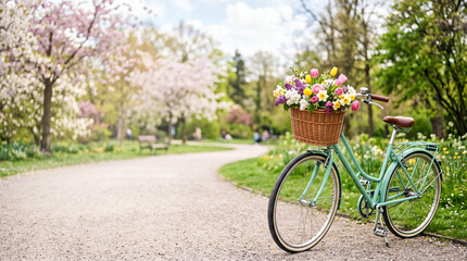 Fototapeta premium Vintage bicycle with flower basket in a park during spring