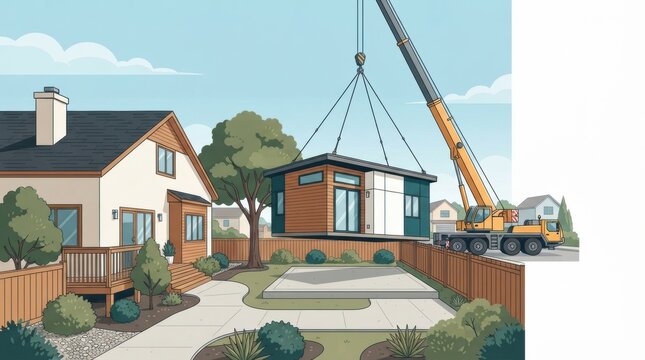 A crane lifts a modular home unit into place within a residential area. Nearby houses can be seen as the assembly takes place.