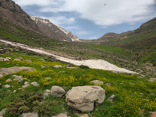 A rocky, boulder-strewn slope with yellow wildflowers overlooks a snow-filled mountain valley under a cloudy sky. 📍 Hawraman Takht, Kurdistan, Iran  © Hawraman83