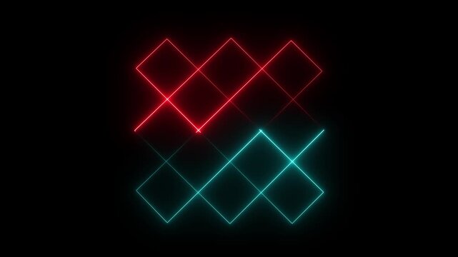 Glowing red and cyne Neon Diamond Grid Animation on Black Background.. Abstract Geometric Pattern 4K Loop motion video..