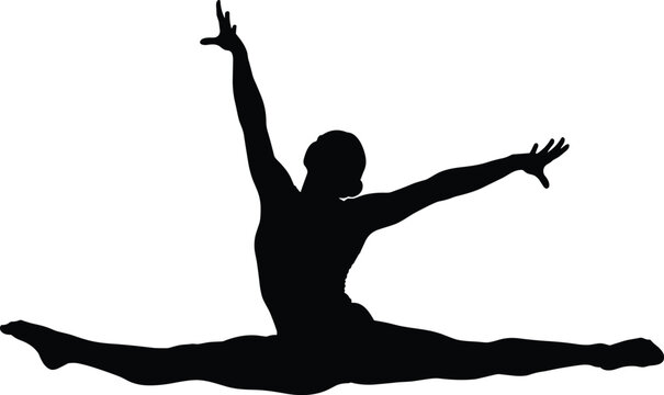 Black vector silhouette of dancer performing split leap with dynamic movement for artistic and design projects