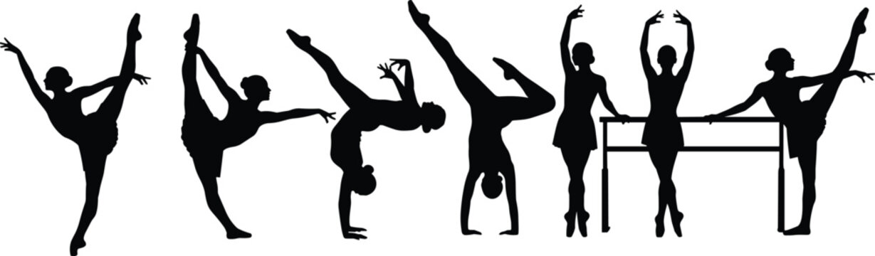 Black vector silhouettes of dancers in ballet and gymnastics poses for performance and creative design projects