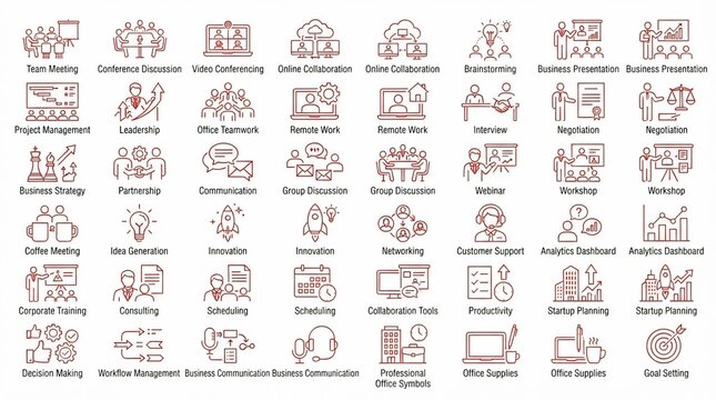 Business Communication and Office Collaboration Line Icon Set Collection