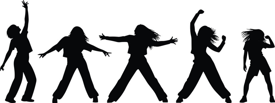 Black vector silhouettes of dancers in dynamic expressive poses for performance and creative design projects