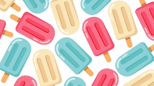 Colorful pink, blue, and cream popsicles arranged in a playful repeating pattern on a clean white background, creating a refreshing summer texture for food, dessert, and seasonal content.