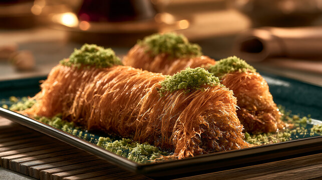 Traditional turkish baklava rolls arranged on a tray with crushed pistachios, middle eastern