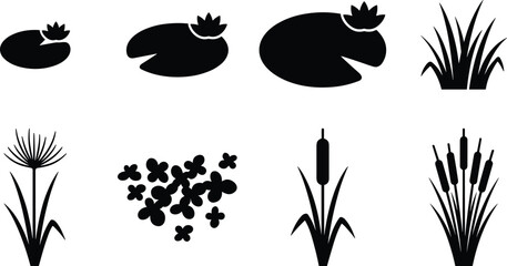 Collection of black silhouettes featuring various aquatic plants, water lilies, cattails, and marsh vegetation for pond designs. © MdSaiful