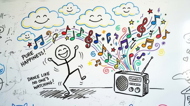 Creative whiteboard illustration of a happy stick figure dancing with joy to music notes and radio expressing pure happiness