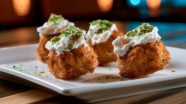 Crispy fried dessert bites topped with cream and pistachio crumbs bite size pistachio appetizer