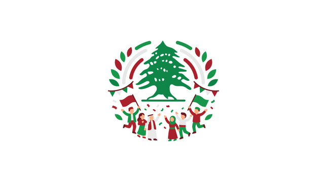 Lebanese Cedar Emblem with Celebrating People and National Flags