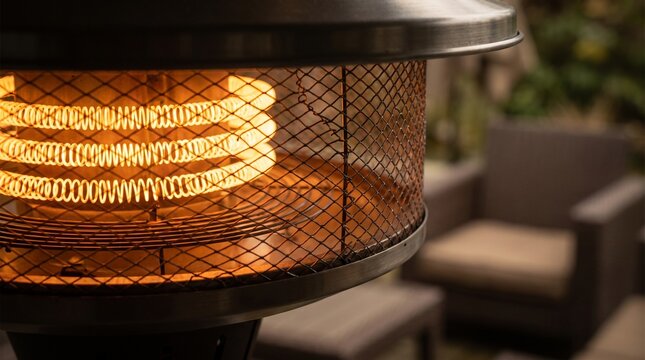 Close up of glowing electric patio heater providing warm light and cozy comfort on a chilly outdoor backyard terrace