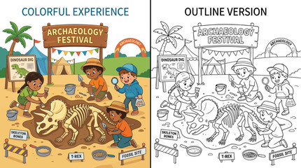 Children Excavating Dinosaur Skeleton at Archaeology Festival - Color and Outline © Udy