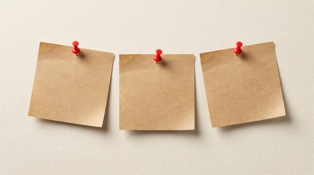 Three square brown paper notes pinned to a light beige textured wall with small red plastic pushpins arranged in a horizontal row