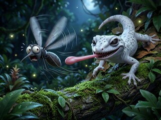 Fototapeta premium The house lizard wants to catch a mosquito with its tongue.