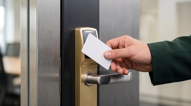 Close-up of hand holding blank white keycard to electronic card reader on door for secure office access
