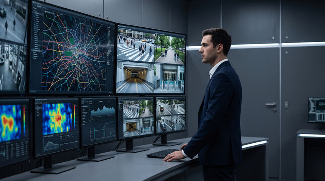Man in Control Room Monitors Multiple Screens Showing City Surveillance and Deep Fake Detection Data