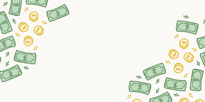 Horizontal presentation banner backdrop template with line art green money and gold coin corner design
