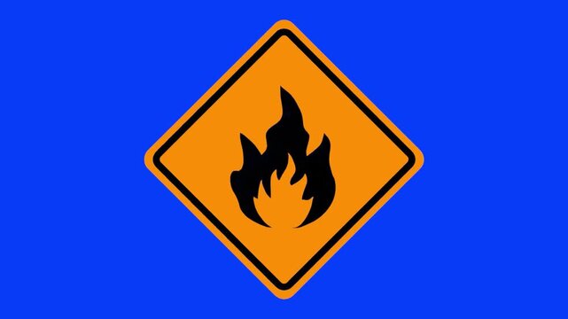 A clean graphic render of a diamond-shaped warning sign featuring a black flame icon on a yellow-orange background, set against a solid blue screen. Ideal for transport safety of hazardous goods, indu