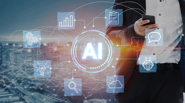 Business professional using smartphone with artificial intelligence icons in urban cityscape background representing technology and innovation in modern society. Entropy.