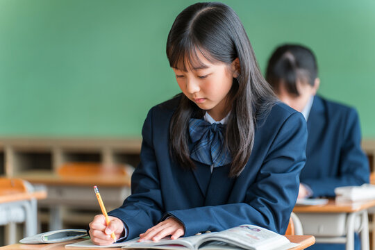 Middle school, elementary school, and high school students diligently studying in school classrooms and cram schools.