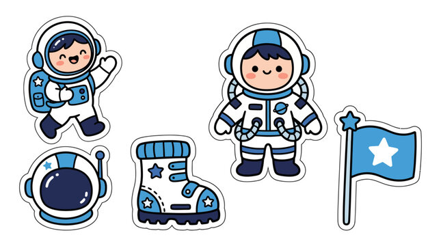 Cute Astronauts and Space Gear Set, Kawaii Style, Vector Illustration
