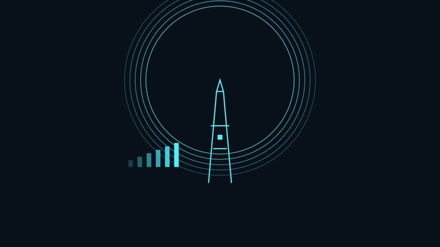 Digital signal tower animation with radio wave frequency and connectivity bars 4k
