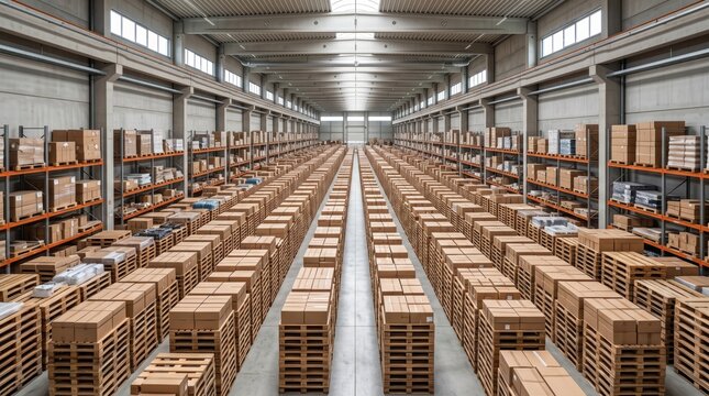 Overstocked modern warehouse interior with rows of palletized boxes