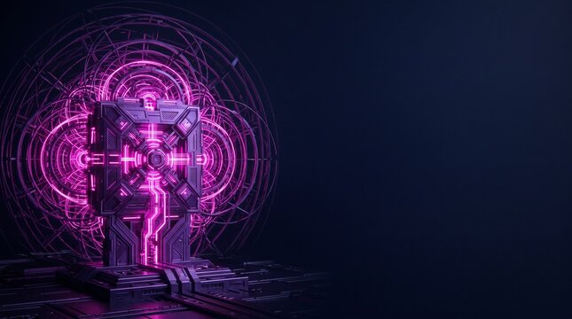 Futuristic Cyber Security Vault with Neon Quantum Technology and Digital Network Background