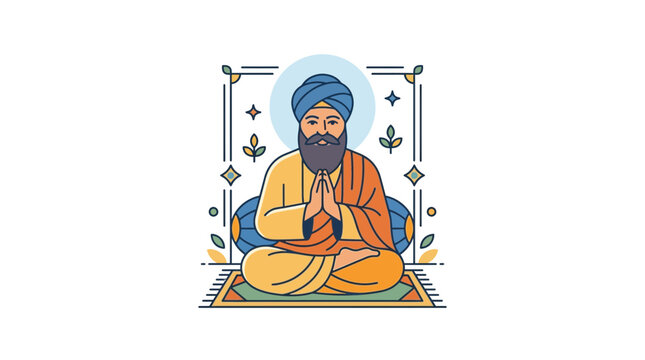 Meditating Man in Turban Sitting Cross-Legged with Namaste Gesture