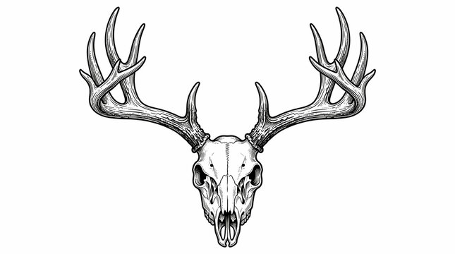 Detailed line art illustration of a deer skull with large antlers isolated on white background