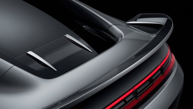 Detailed image of an open trunk spoiler, tinted windows, and chrome accents.