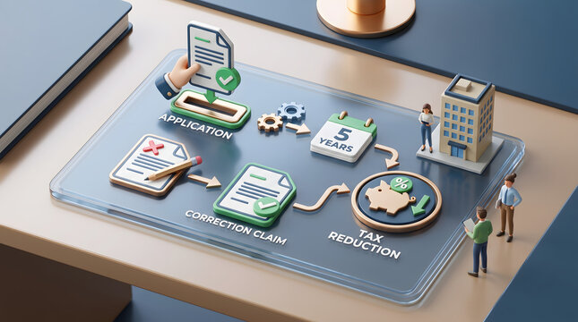 3D illustration of tax refund workflow infographic on transparent tablet displaying application five years calendar correction claim and tax reduction on office desk