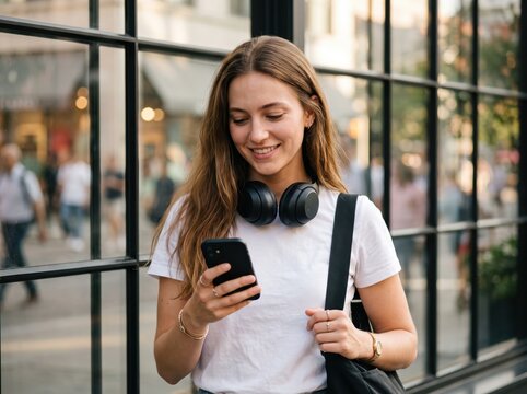Young woman with long brown hair wearing a white t shirt and black headphones around her neck smiling while looking at a smartphone screen outdoors in front of a black metal window frame