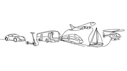 Fototapeta premium Diverse Transportation Collection: Car, Scooter, Bus, Train, Plane, Sailboat, Helicopter