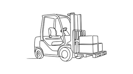 Continuous line drawing of a forklift truck carrying boxes on a pallet, industrial vehicle illustration © Wesi