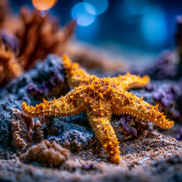 Orange starfish resting on rocky seabed underwater with underwater photography, starfish