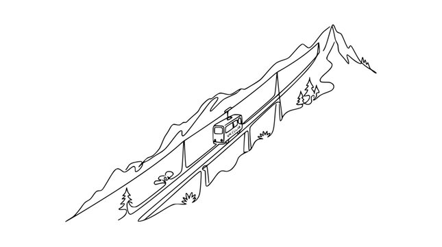 Mountain Funicular Railway Ascending Steep Slope with Trees and Peaks