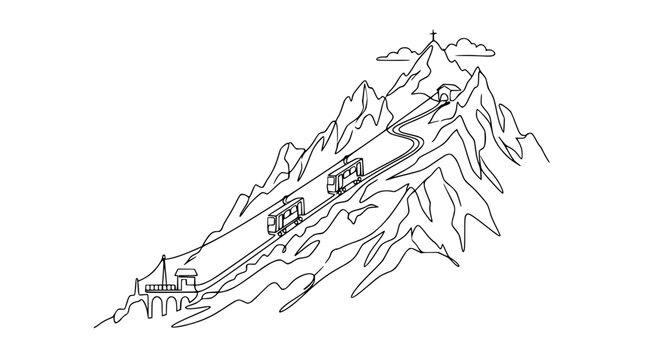 Funicular ascending steep mountain through tunnel with cross on peak, line art.