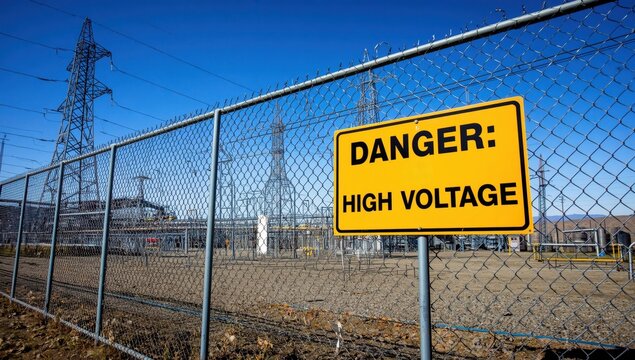 High voltage hazard, no entry sign at a power station.