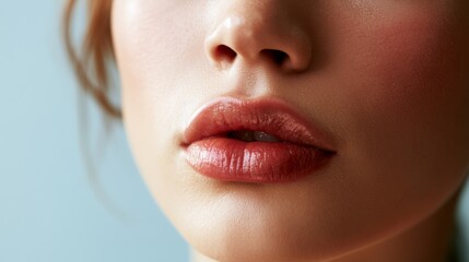 Naklejka premium Close-up of a Female Face Focusing on Full Lips with Natural Gloss and Soft Skin Tone Against a Light Blue Background Displaying Beauty and Elegance