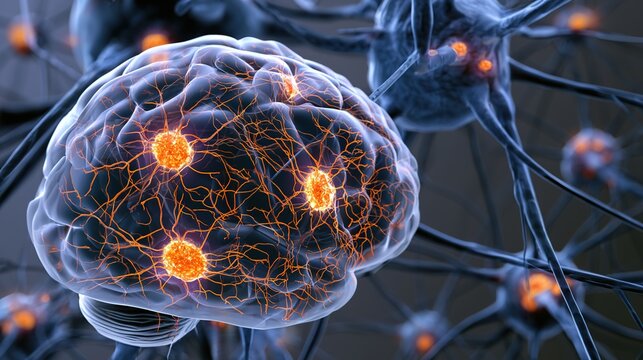 Multiple sclerosis neurological disorder medical illustration, autoimmune nervous system disease, myelin sheath damage, brain and spinal cord inflammation, neurodegenerative illness for science educat